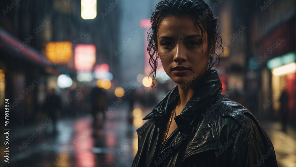 A rain-soaked cyberpunk detective on a dimly lit street.