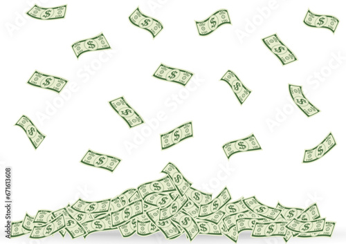 Dollar Bill or Money Banknote Falling into Pile of Money. Rich and Wealth Concept. Vector Illustration. 