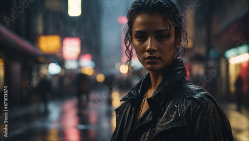 A rain-soaked cyberpunk detective on a dimly lit street. © xKas