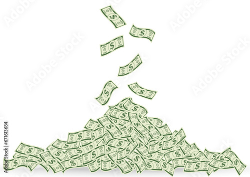 Dollar Bill or Money Banknote Falling into Pile of Money. Rich and Wealth Concept. Vector Illustration. 