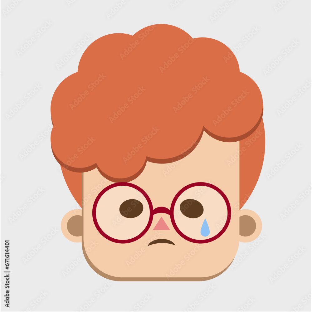 Vector boy face in glasses, crying, tears, ginger boy, icon, sticker, illustration, child, person