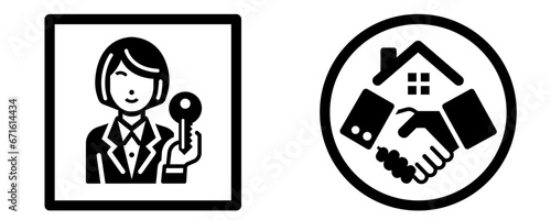 Female real estate agent with short hair, holding a key, real estate deal handshake simple style, stock vector logo symbol icon clip art vector illustration