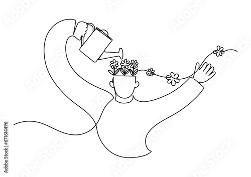 Selfcare, personal self-development concept. Positive thinking, mindfulness, psychology therapy. Man watering his head from which grows flowers. Continuous line drawing.