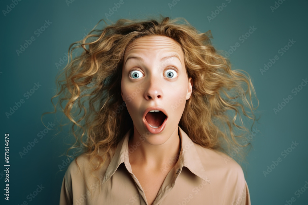 femme en gros plan avec une expression d'étonnement extrême, les yeux écarquillés et la bouche ouverte, photo studio fond neutre femme en gros plan avec une expression d'étonnement extrême, les yeux écarquillés et la bouche ouverte, photo studio fond neutre