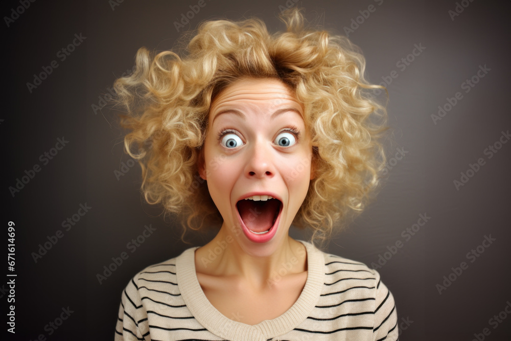 femme en gros plan avec une expression d'étonnement extrême, les yeux écarquillés et la bouche ouverte, photo studio fond neutre femme en gros plan avec une expression d'étonnement extrême, les yeux écarquillés et la bouche ouverte, photo studio fond neutre
