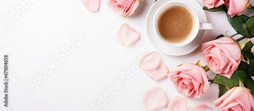 Fototapeta Naklejka Na Ścianę i Meble -  Beautiful roses and coffee in the morning cozy breakfast