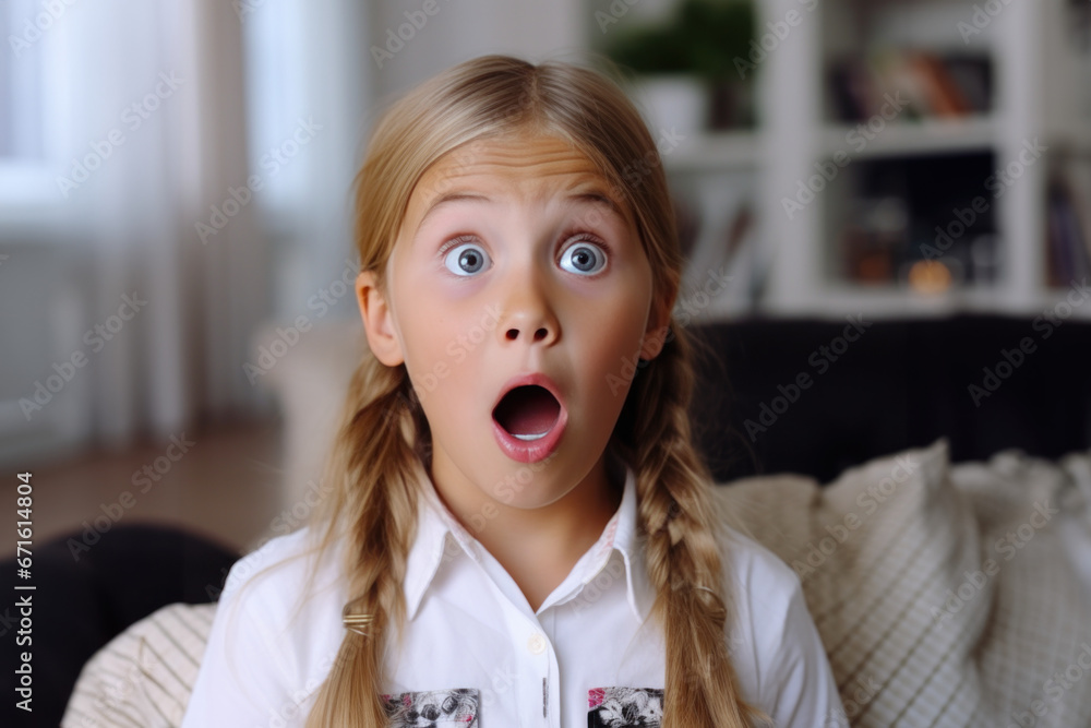 jeune fille en gros plan avec une expression d'étonnement sur le visage jeune fille en gros plan avec une expression d'étonnement sur le visage