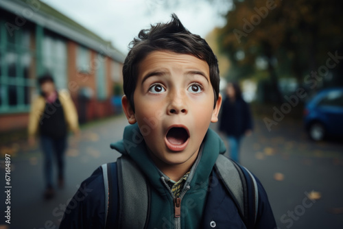 jeune garçon avec une expression du visage lors d'une surprise et d'un grand étonnement, les yeux écarquillée et la bouche ouverte