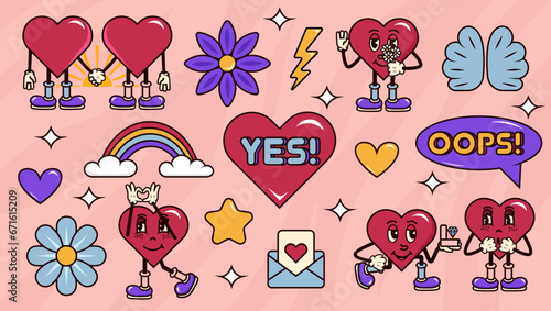 Sticker retro y2k pack set. Groovy hearts, star, heart, rainbow, flower, butterfly, letter, rainbow, angel wings in the style of the 2000s. Vector illustration
