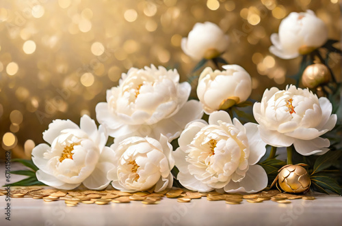 Beautiful white peonies on a gold blurred background. AI