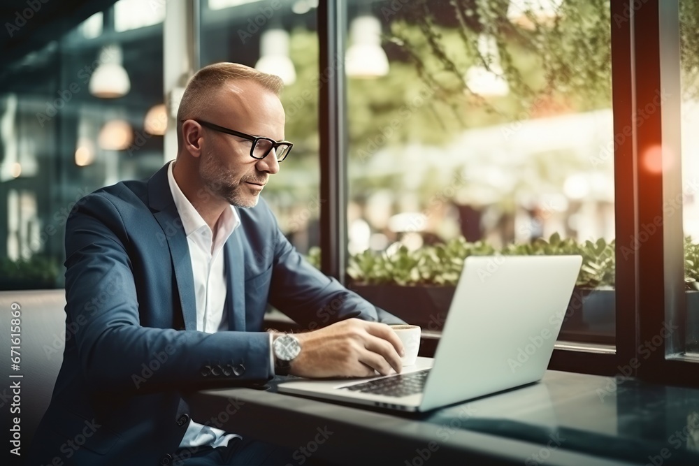 Mature Caucasian businessman works diligently seating at table with laptop in bustling cafe. Middle aged man in eyeglasses work online with laptop in lively cafe. Mature Caucasian businessman works diligently seating at table with laptop in bustling cafe. Middle aged man in eyeglasses work online with laptop in lively cafe.