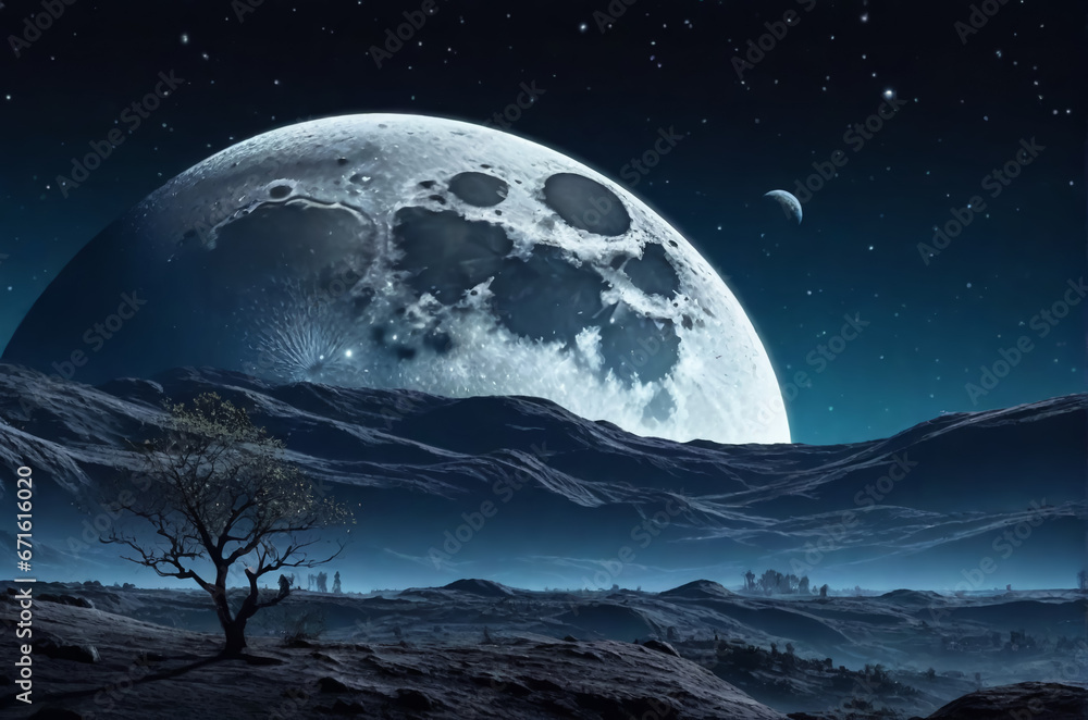 Dark gloomy desert landscape with a big moon. AI