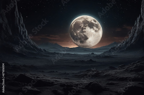 Dark gloomy desert landscape with a big moon. AI