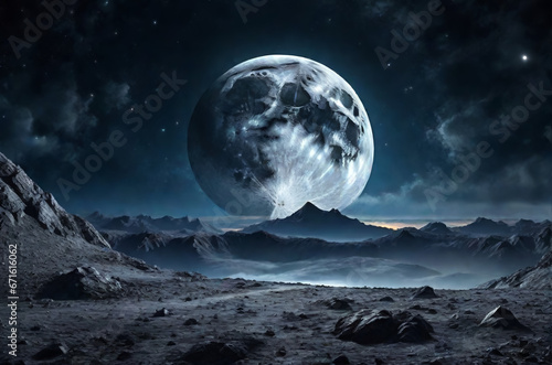 Dark gloomy desert landscape with a big moon. AI © IM_VISUAL_ARTIST