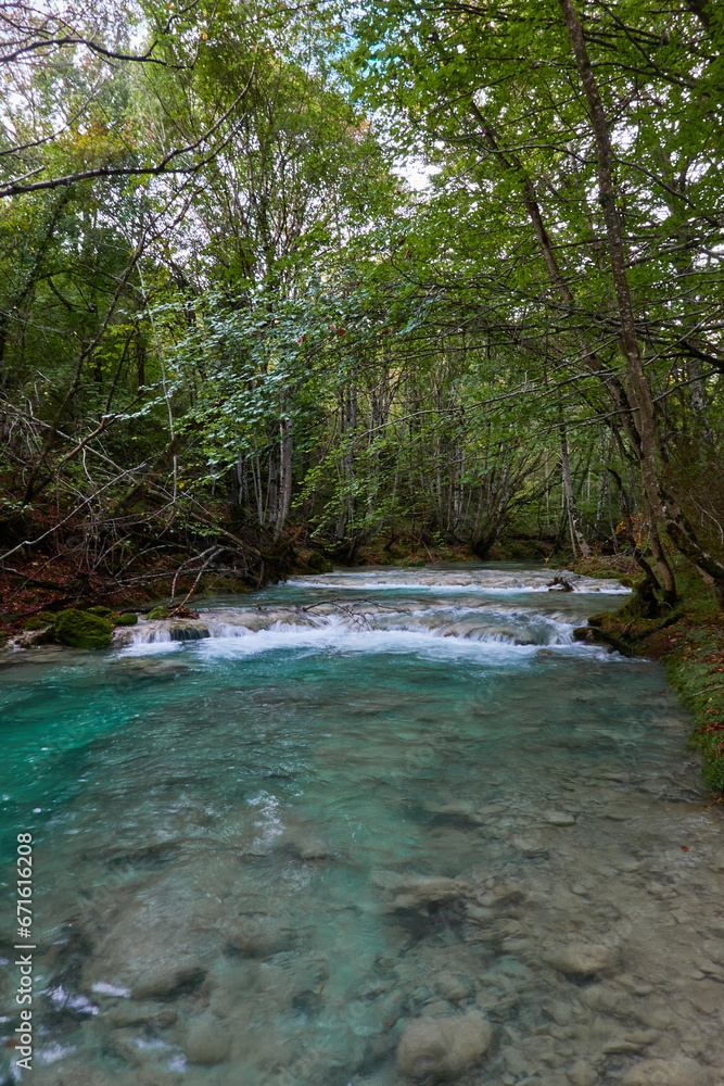 Naklejka premium The waterfalls and crystal clear, blue, turquoise and green waters of the Nacedero del Urederra, with its beech forest with its autumn colors in the Sierra de Urbasa-Andía. Navarre. Spain