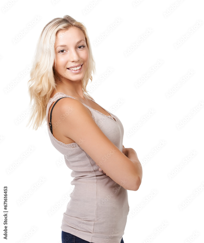 Confident, smile and portrait of a woman with arms crossed for pride, fashion or on a white background. Happy, studio and a young girl or model looking positive, cool and stylish in trendy clothes Confident, smile and portrait of a woman with arms crossed for pride, fashion or on a white background. Happy, studio and a young girl or model looking positive, cool and stylish in trendy clothes