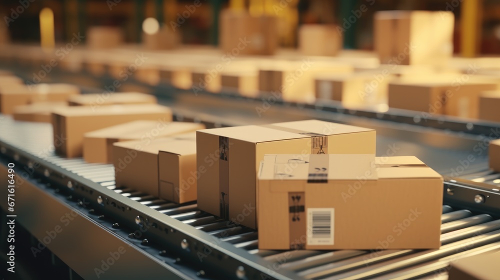 Packages on a conveyor belt in a warehouse Packages on a conveyor belt in a warehouse