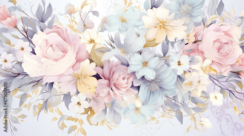 Artistic Floral Bouquet Patterns: Pastel Pink, Ivory, Mint Green, Lilac, Soft Yellow, Sky Blue, Lavender, Peach, Light Blue, Elegant Petals in Romantic and Delicate Blooms © Tessa