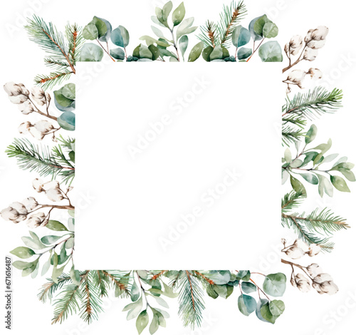 Watercolor Christmas frame of fir  cotton  eucalyptus  spruce branches. Hand painted winter plants. Template space for text  message  sign for greeting cards  invitation  wedding card  celebration.