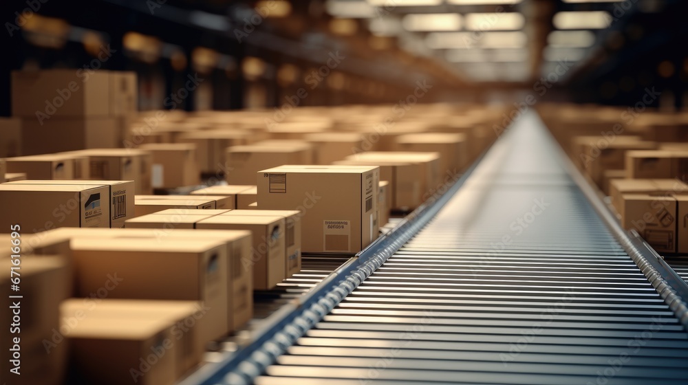 Packages on a conveyor belt in a warehouse Packages on a conveyor belt in a warehouse