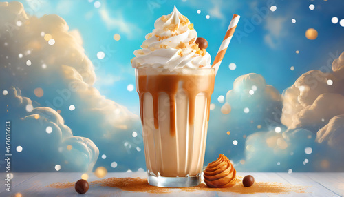 Caramel Milkshake with whipped  cream on a Dreamy Background | Ai generated