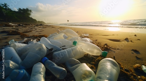 Presence of plastic trash on beach unfortunate and unsightly issue simultaneously creating risks to local wildlife. Plastic trash on beach eyesore detracts from natural beauty of coastline photo