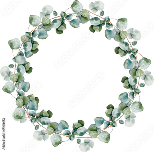 Watercolor vector eucalyptus wreath. Template with space for text, greeting cards, invitation, mood decoration, save the date, wedding, greeting design, birthday, stickers, in your paper crafts, junk 