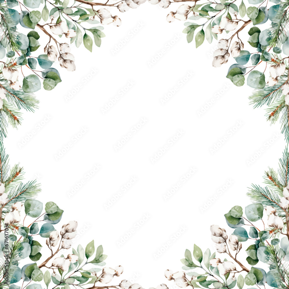 Watercolor winter plants card. Hand painted frame with eucalyptus, spruce, cotton branches in rhombus shape. Template space for text, message, sign for greeting cards, invitation, wedding card Watercolor winter plants card. Hand painted frame with eucalyptus, spruce, cotton branches in rhombus shape. Template space for text, message, sign for greeting cards, invitation, wedding card
