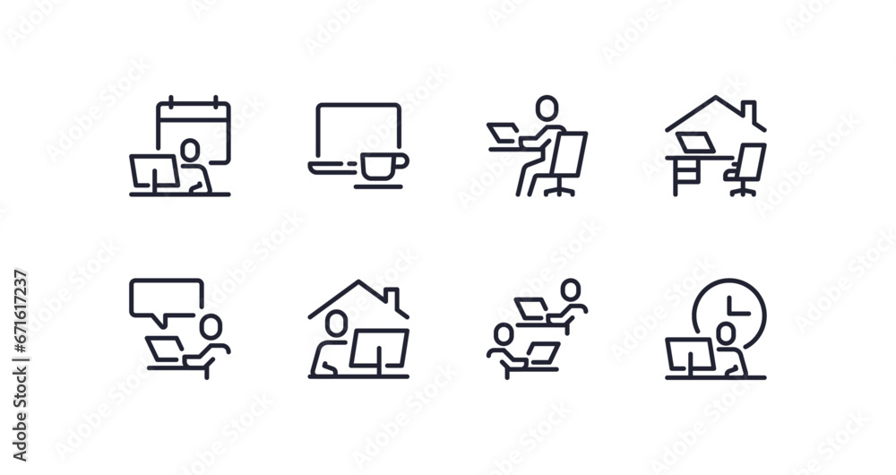 Set of work place related icons, working, remote work, video conference, coworkin, freelancer, home office and linear variety vectors.	
 - obrazy, fototapety, plakaty 