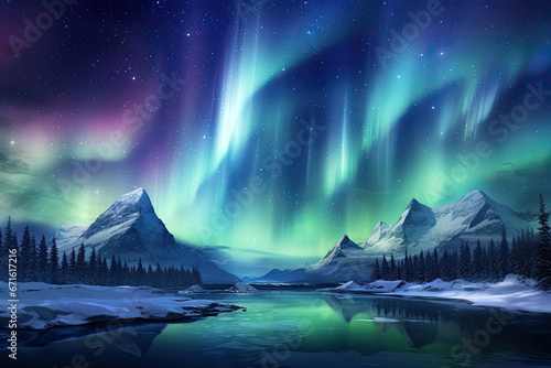 Beautiful Aurora Northern or Southern lights in starry night sky. Aurora borealis over the sky at islands. Night winter landscape with colorful scene, sea with sky reflection. photo