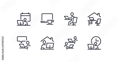 Set of work place related icons, working, remote work, video conference, coworkin, freelancer, home office and linear variety vectors.	
 photo
