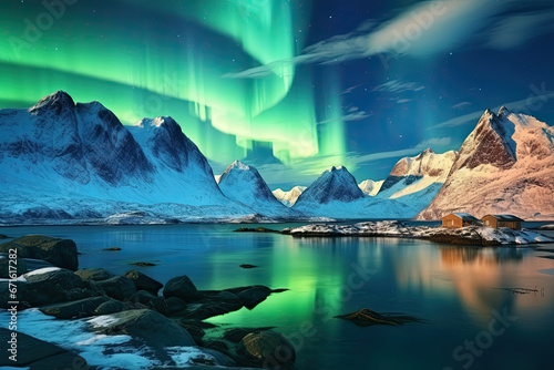 Beautiful Aurora Northern or Southern lights in starry night sky. Aurora borealis over the sky at islands. Night winter landscape with colorful scene, sea with sky reflection. © TANATPON