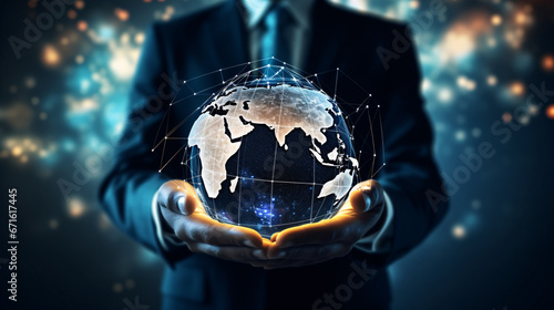 Businessman holding a glowing earth globe in his hands. 3D rendering