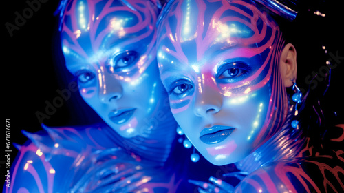 TWO UNUSUAL DISCO DANCERS IN UV COSTUMES. NIGHT CLUB. legal AI © PETR BABKIN