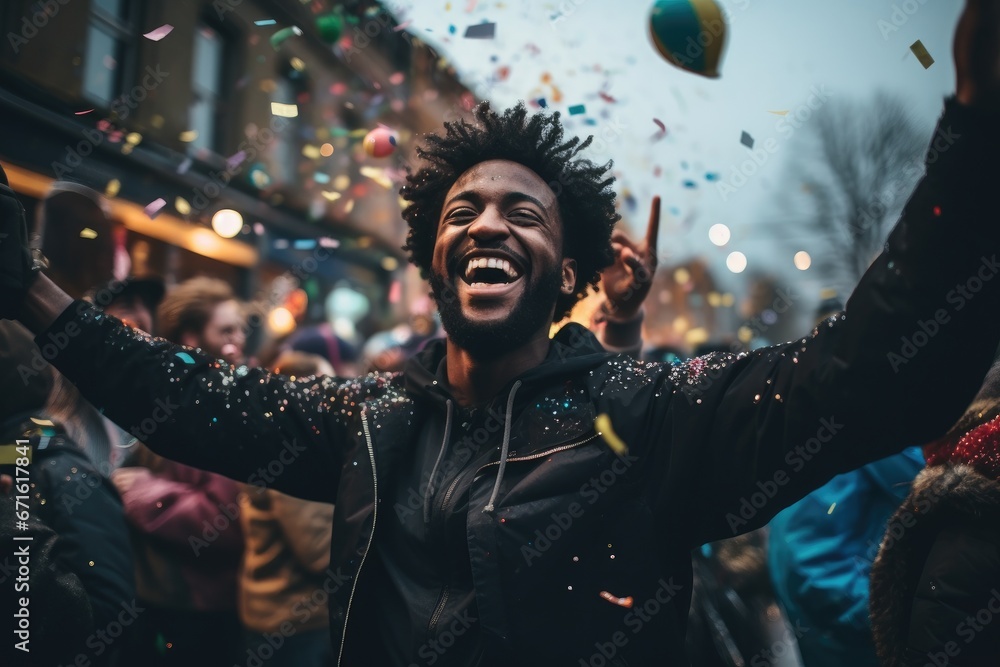 Euphoric Black Man Celebrating His Team's Victory with Club Flag and Confetti on the Street