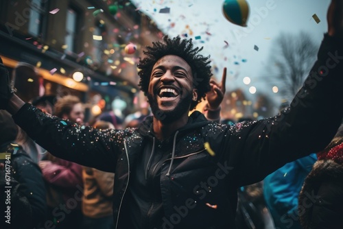Euphoric Black Man Celebrating His Team's Victory with Club Flag and Confetti on the Street © ChaoticMind