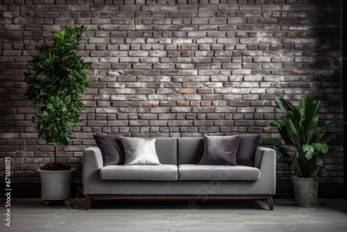 Modern Living Room with Brick Wall, Flower Decor, and Stylish Gray Sofa. © ChaoticMind