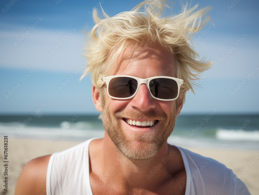 Middle-aged man having fun time on the beach, closeup portrait. Middle-aged man having fun time on the beach, closeup portrait.