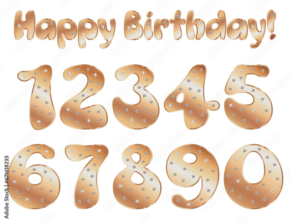 Set of decoration: bronze alphabet, numbers 0 to 9, sign 