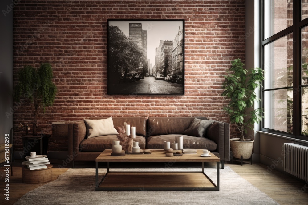 Modern Living Room with Brick Wall, Flower Decor, and Stylish Gray Sofa. Modern Living Room with Brick Wall, Flower Decor, and Stylish Gray Sofa.