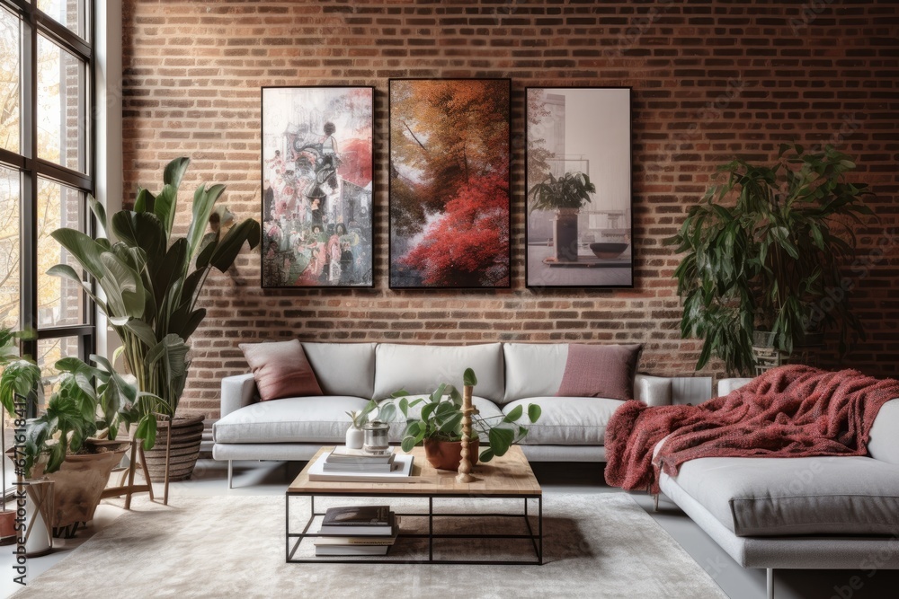 Fototapeta premium Modern Living Room with Brick Wall, Flower Decor, and Stylish Gray Sofa.