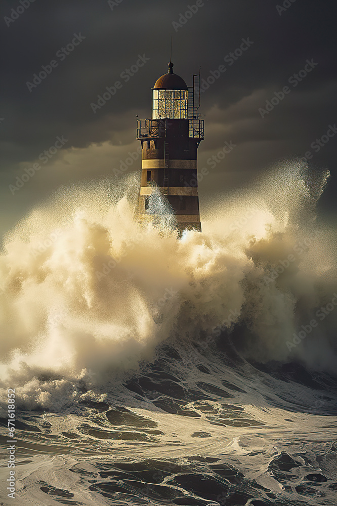 Stormy Seas: A Lighthouse Stands Tall Amidst the Roaring Waves, ai generative