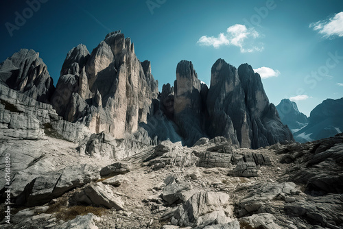 Dramatic Landscape of Jagged Mountain Peaks Amidst Rocky Terrain Under a Blue Sky, ai generative