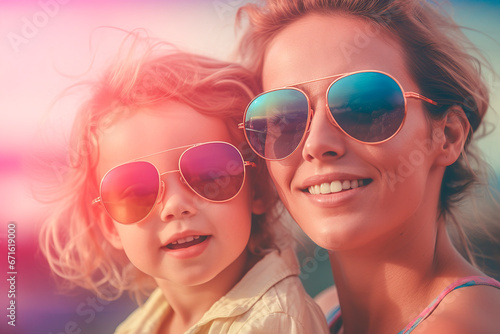 mother and daughter in sunglasses happy at sunset, ai generative
