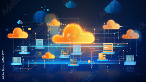 Cloud computing concept with icons on blue background. 3D Rendering