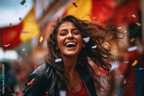 Woman Celebrating Victory with Her Favorite Sports Team Flag in the City Streets. Confetti and Joy in the Air