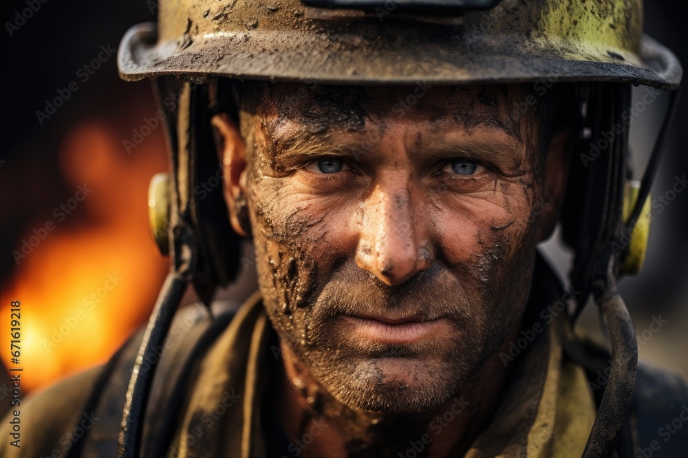 Dirty and Exhausted Firefighter After Firefighting Action Dirty and Exhausted Firefighter After Firefighting Action