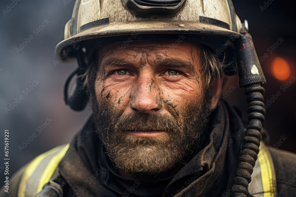 Dirty and Exhausted Firefighter After Firefighting Action Dirty and Exhausted Firefighter After Firefighting Action