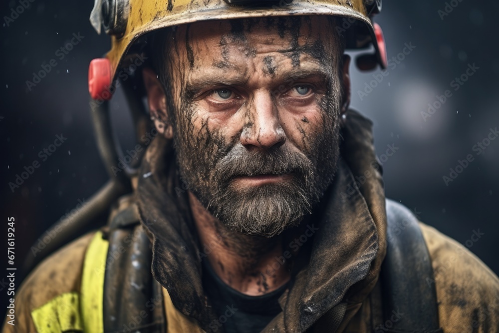 Dirty and Exhausted Firefighter After Firefighting Action Dirty and Exhausted Firefighter After Firefighting Action