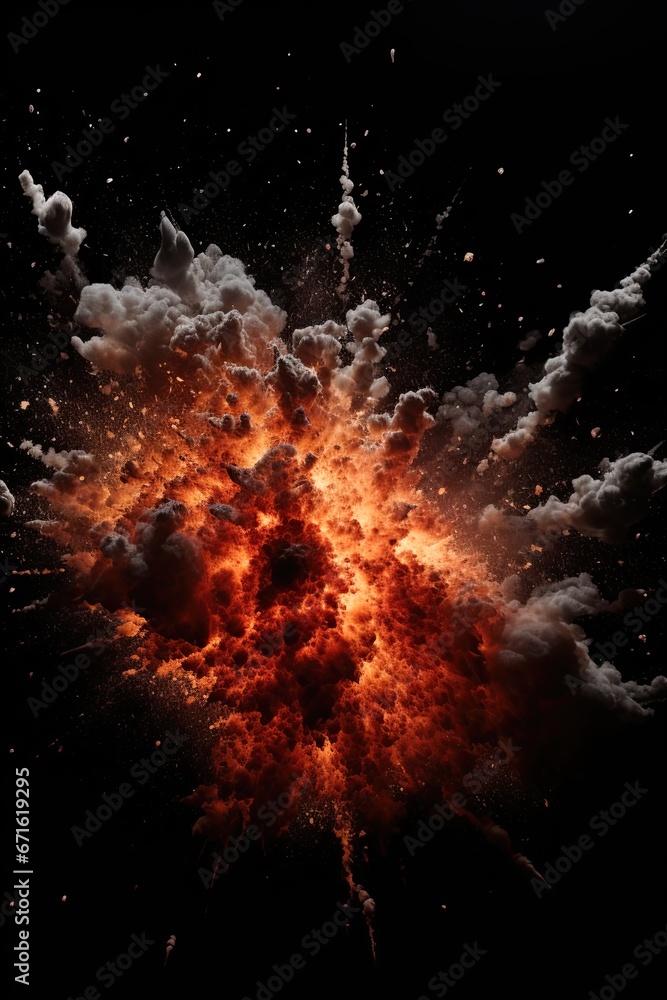 Explosion with smoke and flames. Black background. Copy space. Generative Ai illustration